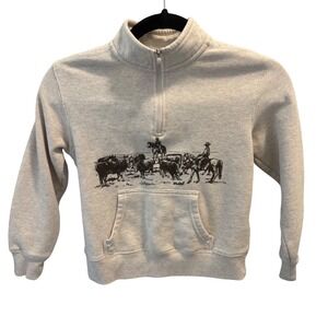 Ariat Kids Youth Small 8 Quarter Zip Sweatshirt Oatmeal Western Cattle Graphic